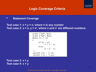 © Oxford University Press 2011. All rights reserved.
2
Evolution of Software Testing
 Statement Coverage
Test case 1: x = y = n, where n is any number
Test case 2: x = n, y = n’, where n and n’ are different numbers.
Test case 3: x > y
Test case 4: x < y
Logic Coverage Criteria
 