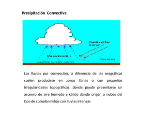 Precipitación Convectiva
Las lluvias por convección, a diferencia de las orográficas
suelen producirse en zonas llanas o con pequeñas
irregularidades topográficas, donde puede presentarse un
ascenso de aire húmedo y cálido dando origen a nubes del
tipo de cumulonimbos con lluvias intensas
 