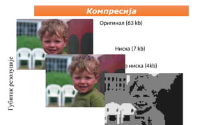 Компресија
Губитак
резолуције
Оригинал (63 kb)
Ниска (7 kb)
Врло ниска (4kb)
 