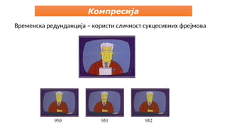Компресија
Временска редунданција – користи сличност сукцесивних фрејмова
950 951 952
 