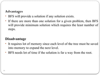 14
Advantages
• BFS will provide a solution if any solution exists.
• If there are more than one solution for a given problem, then BFS
will provide minimum solution which requires the least number of
steps.
Disadvantage
• It requires lot of memory since each level of the tree must be saved
into memory to expand the next level.
• BFS needs lot of time if the solution is far a way from the root.
 