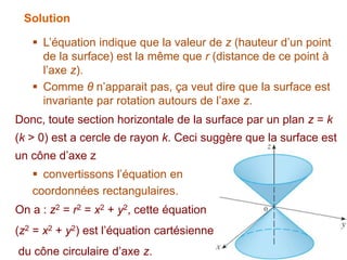 Solution
 L’équation indique que la valeur de z (hauteur d’un point
de la surface) est la même que r (distance de ce point à
l’axe z).
 Comme θ n’apparait pas, ça veut dire que la surface est
invariante par rotation autours de l’axe z.
Donc, toute section horizontale de la surface par un plan z = k
(k > 0) est a cercle de rayon k. Ceci suggère que la surface est
un cône d’axe z
 convertissons l’équation en
coordonnées rectangulaires.
On a : z2 = r2 = x2 + y2, cette équation
(z2 = x2 + y2) est l’équation cartésienne
du cône circulaire d’axe z.
 