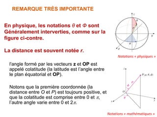 l'angle formé par les vecteurs z et OP est
appelé colatitude (la latitude est l’angle entre
le plan équatorial et OP).
Notons que la première coordonnée (la
distance entre O et P) est toujours positive, et
que la colatitude est comprise entre 0 et ,
l’autre angle varie entre 0 et 2.
En physique, les notations θ et Φ sont
Généralement interverties, comme sur la
figure ci-contre.
La distance est souvent notée r.
REMARQUE TRÈS IMPORTANTE
Notations « physiques »
Notations « mathématiques »
 
