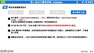 深入浅出计算机网络（微课视频版） 第 2 章 物理层
课件制作：高军
02 常见的信道复用技术
频分复用 FDM 时分复用 TDM 波分复用 WDM 码分复用 CDM
码分复用 CDM
码分复用（ Code Division Multiplexing ， CDM ）常称为码分多址（ Code Division Multiple
Access ， CDMA ），
它是在扩频通信技术的基础上发展起来的一种无线通信技术。
与 FDM 和 TDM 不同， CDMA 的每个用户可以在相同的时间使用相同的频带进行通信。
CDMA 最初用于军事通信，这种系统发送的信号有很强的抗干扰能力，其频谱类似于白噪声，不易被
敌人发现。
随着技术的进步， CDMA 设备的价格和体积都大幅度下降，因而现在已广泛用于民用的移动通信中。
 