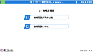 深入浅出计算机网络（微课视频版） 第 2 章 物理层
课件制作：高军
2.1 物理层概述
01 物理层要实现的功能
02 物理层接口特性
 