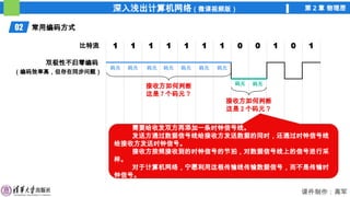 深入浅出计算机网络（微课视频版） 第 2 章 物理层
课件制作：高军
02 常用编码方式
比特流 1 1 1 1 1 1 1 0 0 1 0 1
双极性不归零编码
码元
码元 码元
码元
码元
码元
码元
码元
码元
接收方如何判断
这是 7 个码元？
接收方如何判断
这是 2 个码元？
需要给收发双方再添加一条时钟信号线。
发送方通过数据信号线给接收方发送数据的同时，还通过时钟信号线
给接收方发送时钟信号。
接收方按照接收到的时钟信号的节拍，对数据信号线上的信号进行采
样。
对于计算机网络，宁愿利用这根传输线传输数据信号，而不是传输时
钟信号。
（编码效率高，但存在同步问题）
 