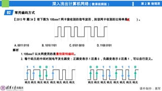 深入浅出计算机网络（微课视频版） 第 2 章 物理层
课件制作：高军
02 常用编码方式
【 2013 年 题 34 】若下图为 10BaseT 网卡接收到的信号波形，则该网卡收到的比特串是（ ）。
A. 0011 0110 B. 1010 1101 C. 0101 0010 D. 1100 0101
解析
1. 10BaseT 以太网使用的是曼彻斯特编码。
2. 每个码元的中间时刻电平发生跳变：正跳变表示 1 还是 0 ，负跳变表示 0 还是 1 ，可以自行定义。
码元 码元 码元 码元 码元 码元 码元 码元
1 1 1
0 0
码元 码元 码元 码元 码元 码元 码元 码元
0 0 0 0
1 1 1 1
A
 