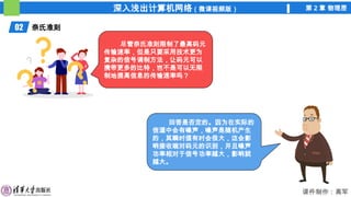 深入浅出计算机网络（微课视频版） 第 2 章 物理层
课件制作：高军
回答是否定的。因为在实际的
信道中会有噪声，噪声是随机产生
的，其瞬时值有时会很大，这会影
响接收端对码元的识别，并且噪声
功率相对于信号功率越大，影响就
越大。
尽管奈氏准则限制了最高码元
传输速率，但是只要采用技术更为
复杂的信号调制方法，让码元可以
携带更多的比特，岂不是可以无限
制地提高信息的传输速率吗？
02 奈氏准则
 