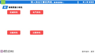 深入浅出计算机网络（微课视频版） 第 2 章 物理层
课件制作：高军
02 物理层接口特性
机械特性 电气特性
功能特性 过程特性
 