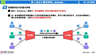 深入浅出计算机网络（微课视频版） 第 2 章 物理层
课件制作：高军
01 信道复用技术的基本原理
复用（ Multiplexing ）就是在一条传输媒体上同时传输多路用户的信号。
当一条传输媒体的传输容量大于多条信道传输的总容量时，就可以通过复用技术，在这条传输媒体上
建立多条通信信道，以便充分利用传输媒体的带宽。
分用器
复用器
+ +
大容量共享信道
 
