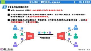 深入浅出计算机网络（微课视频版） 第 2 章 物理层
课件制作：高军
01 信道复用技术的基本原理
复用（ Multiplexing ）就是在一条传输媒体上同时传输多路用户的信号。
当一条传输媒体的传输容量大于多条信道传输的总容量时，就可以通过复用技术，在这条传输媒体上
建立多条通信信道，以便充分利用传输媒体的带宽。
尽管实现信道复用会增加通信成本（需要复用器、分用器以及费用较高的大容量共享信道），但如果复
用的信道数量较大，还是比较划算的。
 