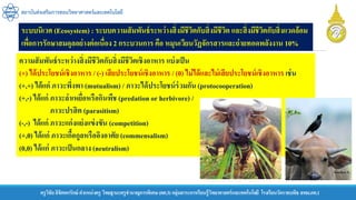 สถาบันส่งเสริมการสอนวิทยาศาสตร์และเทคโนโลยี
ครูวิชัยลิขิตพรรักษ์ ตาแหน่งครู วิทยฐานะครูชานาญการพิเศษ(คศ.3)กลุ่มสาระการเรียนรู้วิทยาศาสตร์และเทคโนโลยี โรงเรียนวัดราชบพิธ สพม.กท.1
ระบบนิเวศ (Ecosystem) : ระบบความสัมพันธ์ระหว่างสิ่งมีชีวิตกับสิ่งมีชีวิต และสิ่งมีชีวิตกับสิ่งแวดล้อม
เพื่อการรักษาสมดุลอย่างต่อเนื่อง 2 กระบวนการ คือ หมุนเวียนวัฏจักรสารและถ่ายทอดพลังงาน 10%
ความสัมพันธ์ระหว่างสิ่งมีชีวิตกับสิ่งมีชีวิตเชิงอาหาร แบ่งเป็น
(+) ได้ประโยชน์เชิงอาหาร / (-) เสียประโยชน์เชิงอาหาร / (0) ไม่ได้และไม่เสียประโยชน์เชิงอาหาร เช่น
(+,+) ได้แก่ ภาวะพึ่งพา (mutualism) / ภาวะได้ประโยชน์ร่วมกัน(protocooperation)
(+,-) ได้แก่ ภาวะล่าเหยื่อหรือกินพืช (predation or herbivore) /
ภาวะปรสิต (parasitism)
(-,-) ได้แก่ ภาวะแก่งแย่งแข่งขัน (competition)
(+,0) ได้แก่ ภาวะเกื้อกูลหรืออิงอาศัย (commensalism)
(0,0) ได้แก่ ภาวะเป็นกลาง (neutralism)
 