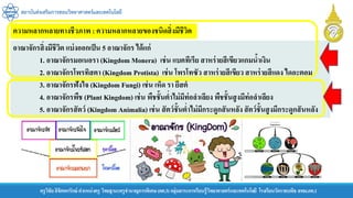 สถาบันส่งเสริมการสอนวิทยาศาสตร์และเทคโนโลยี
ครูวิชัยลิขิตพรรักษ์ ตาแหน่งครู วิทยฐานะครูชานาญการพิเศษ(คศ.3)กลุ่มสาระการเรียนรู้วิทยาศาสตร์และเทคโนโลยี โรงเรียนวัดราชบพิธ สพม.กท.1
อาณาจักรสิ่งมีชีวิต แบ่งออกเป็น 5 อาณาจักร ได้แก่
1. อาณาจักรมอเนอรา (Kingdom Monera) เช่น แบคทีเรีย สาหร่ายสีเขียวแกมน้าเงิน
2. อาณาจักรโพรทิสตา (Kingdom Protista) เช่น โพรโทซัว สาหร่ายสีเขียว สาหร่ายสีแดง ไดอะตอม
3. อาณาจักรฟังไจ (Kingdom Fungi) เช่น เห็ด รา ยีสต์
4. อาณาจักรพืช (Plant Kingdom) เช่น พืชชั้นต่าไม่มีท่อลาเลียง พืชชั้นสูงมีท่อลาเลียง
5. อาณาจักรสัตว์ (Kingdom Animalia) เช่น สัตว์ชั้นต่าไม่มีกระดูกสันหลังสัตว์ชั้นสูงมีกระดูกสันหลัง
ความหลากหลายทางชีวภาพ : ความหลากหลายของชนิดสิ่งมีชีวิต
 