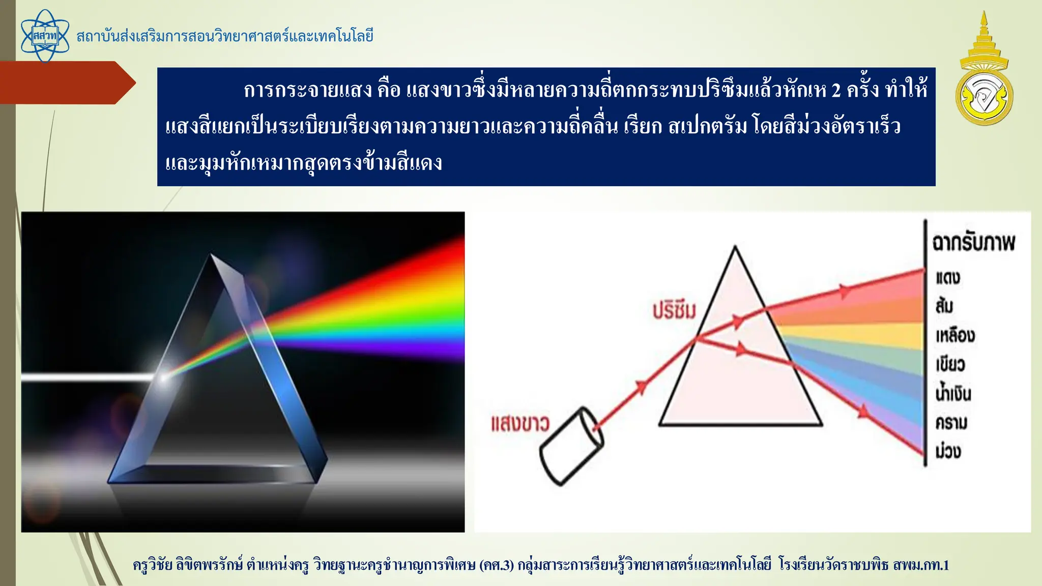 สถาบันส่งเสริมการสอนวิทยาศาสตร์และเทคโนโลยี
ครูวิชัยลิขิตพรรักษ์ ตาแหน่งครู วิทยฐานะครูชานาญการพิเศษ(คศ.3)กลุ่มสาระการเรียนรู้วิทยาศาสตร์และเทคโนโลยี โรงเรียนวัดราชบพิธ สพม.กท.1
การกระจายแสง คือ แสงขาวซึ่งมีหลายความถี่ตกกระทบปริซึมแล้วหักเห2 ครั้ง ทาให้
แสงสีแยกเป็นระเบียบเรียงตามความยาวและความถี่คลื่น เรียก สเปกตรัม โดยสีม่วงอัตราเร็ว
และมุมหักเหมากสุดตรงข้ามสีแดง
 