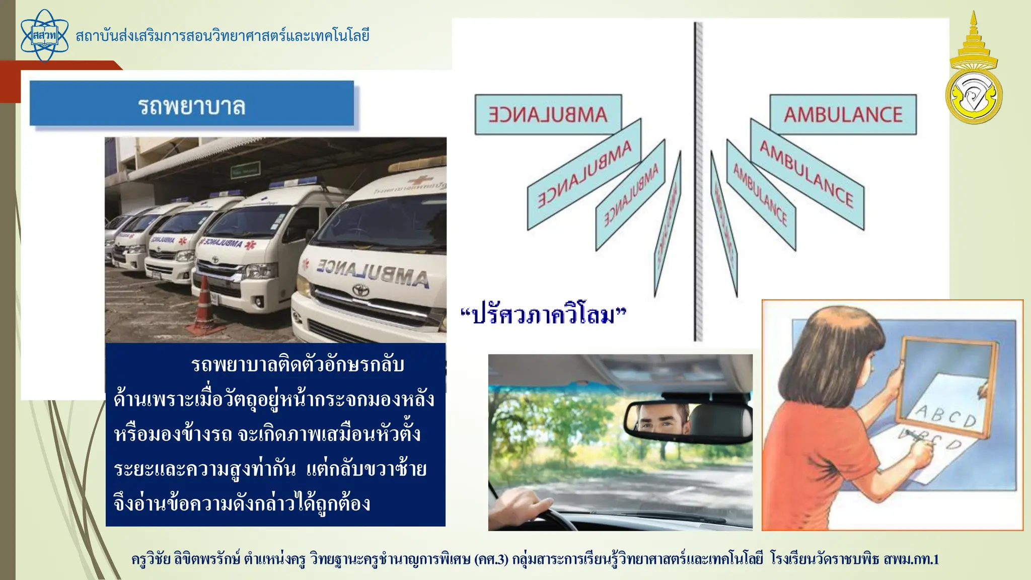สถาบันส่งเสริมการสอนวิทยาศาสตร์และเทคโนโลยี
ครูวิชัยลิขิตพรรักษ์ ตาแหน่งครู วิทยฐานะครูชานาญการพิเศษ(คศ.3)กลุ่มสาระการเรียนรู้วิทยาศาสตร์และเทคโนโลยี โรงเรียนวัดราชบพิธ สพม.กท.1
รถพยาบาลติดตัวอักษรกลับ
ด้านเพราะเมื่อวัตถุอยู่หน้ากระจกมองหลัง
หรือมองข้างรถ จะเกิดภาพเสมือนหัวตั้ง
ระยะและความสูงท่ากัน แต่กลับขวาซ้าย
จึงอ่านข้อความดังกล่าวได้ถูกต้อง
 
