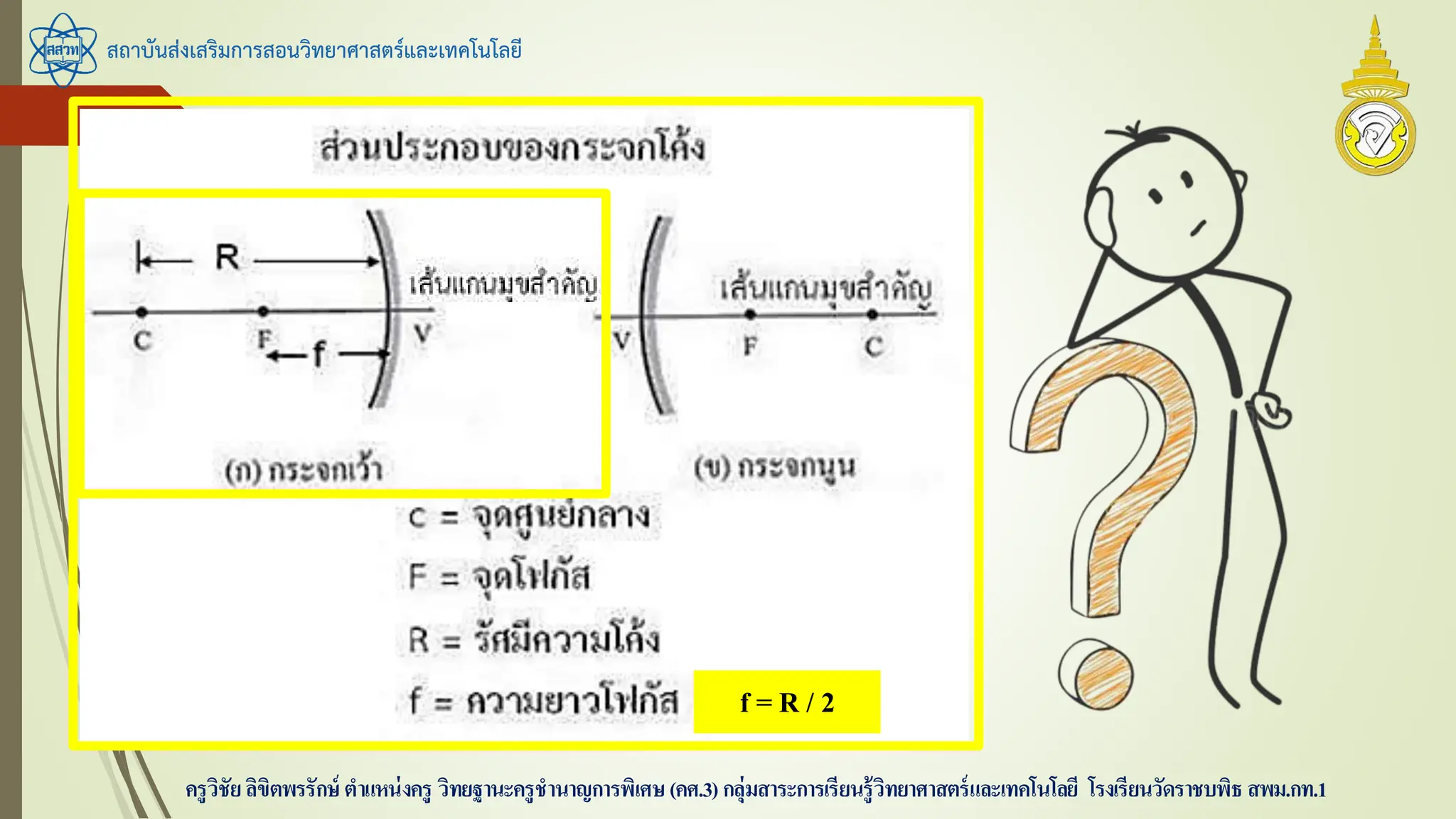 สถาบันส่งเสริมการสอนวิทยาศาสตร์และเทคโนโลยี
ครูวิชัยลิขิตพรรักษ์ ตาแหน่งครู วิทยฐานะครูชานาญการพิเศษ(คศ.3)กลุ่มสาระการเรียนรู้วิทยาศาสตร์และเทคโนโลยี โรงเรียนวัดราชบพิธ สพม.กท.1
f = R / 2
 