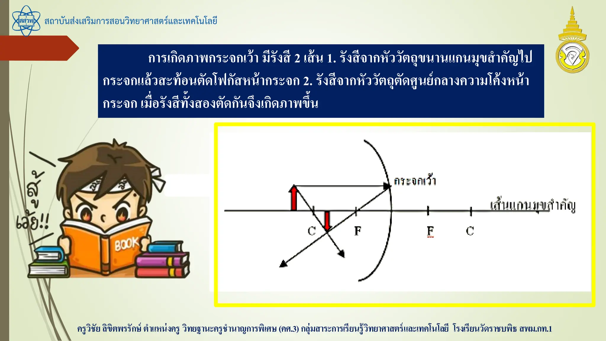 สถาบันส่งเสริมการสอนวิทยาศาสตร์และเทคโนโลยี
ครูวิชัยลิขิตพรรักษ์ ตาแหน่งครู วิทยฐานะครูชานาญการพิเศษ(คศ.3)กลุ่มสาระการเรียนรู้วิทยาศาสตร์และเทคโนโลยี โรงเรียนวัดราชบพิธ สพม.กท.1
การเกิดภาพกระจกเว้า มีรังสี 2 เส้น 1. รังสีจากหัววัตถุขนานแกนมุขสาคัญไป
กระจกแล้วสะท้อนตัดโฟกัสหน้ากระจก 2. รังสีจากหัววัตถุตัดศูนย์กลางความโค้งหน้า
กระจก เมื่อรังสีทั้งสองตัดกันจึงเกิดภาพขึ้น
 