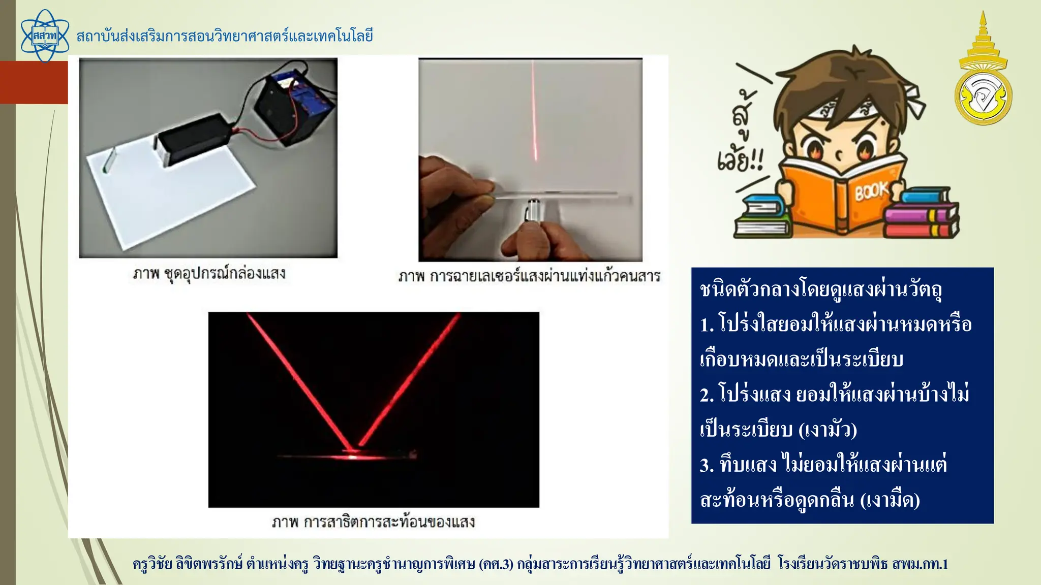 สถาบันส่งเสริมการสอนวิทยาศาสตร์และเทคโนโลยี
ครูวิชัยลิขิตพรรักษ์ ตาแหน่งครู วิทยฐานะครูชานาญการพิเศษ(คศ.3)กลุ่มสาระการเรียนรู้วิทยาศาสตร์และเทคโนโลยี โรงเรียนวัดราชบพิธ สพม.กท.1
ชนิดตัวกลางโดยดูแสงผ่านวัตถุ
1. โปร่งใสยอมให้แสงผ่านหมดหรือ
เกือบหมดและเป็นระเบียบ
2. โปร่งแสง ยอมให้แสงผ่านบ้างไม่
เป็นระเบียบ (เงามัว)
3. ทึบแสง ไม่ยอมให้แสงผ่านแต่
สะท้อนหรือดูดกลืน (เงามืด)
 
