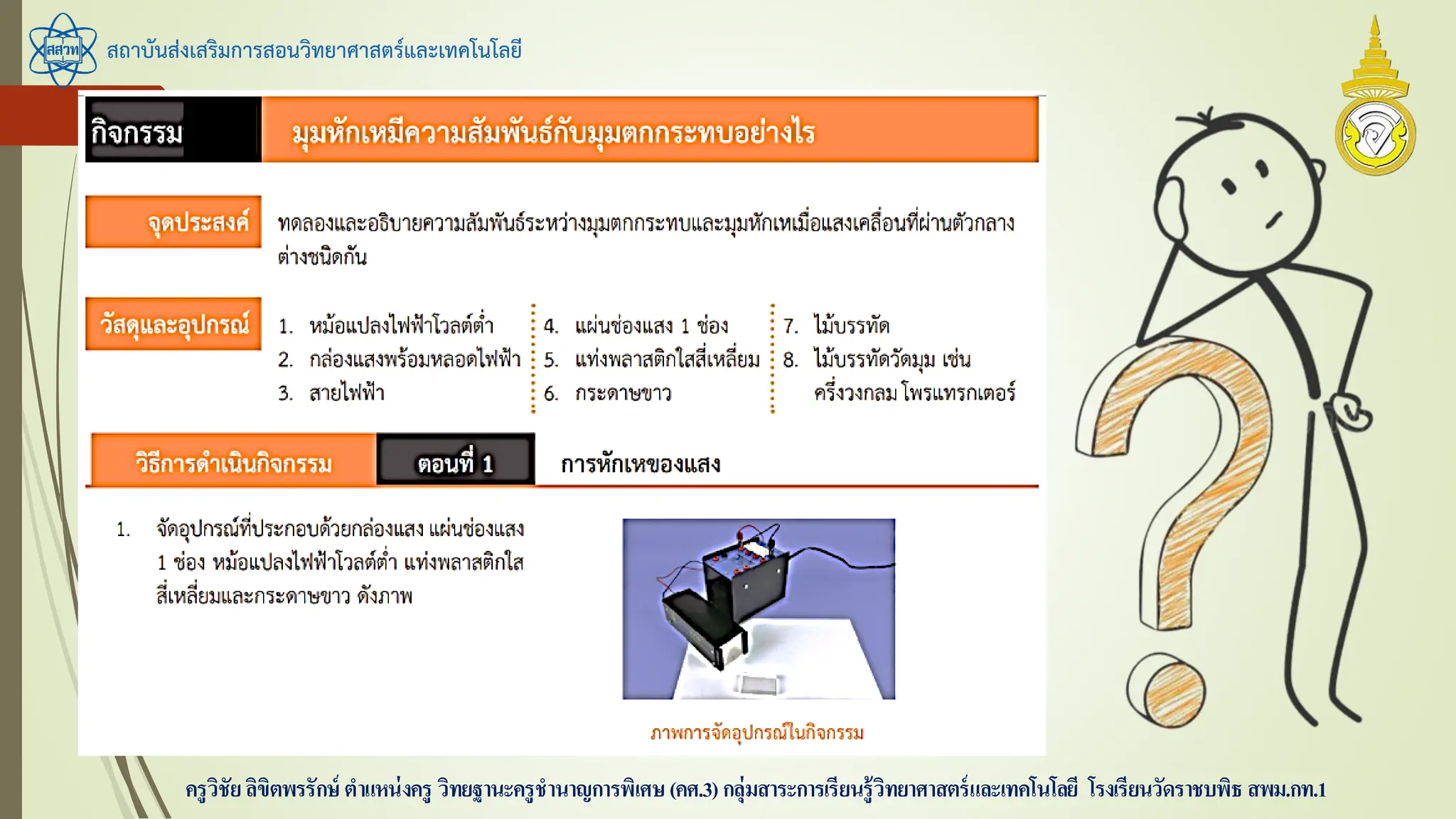 สถาบันส่งเสริมการสอนวิทยาศาสตร์และเทคโนโลยี
ครูวิชัยลิขิตพรรักษ์ ตาแหน่งครู วิทยฐานะครูชานาญการพิเศษ(คศ.3)กลุ่มสาระการเรียนรู้วิทยาศาสตร์และเทคโนโลยี โรงเรียนวัดราชบพิธ สพม.กท.1
 