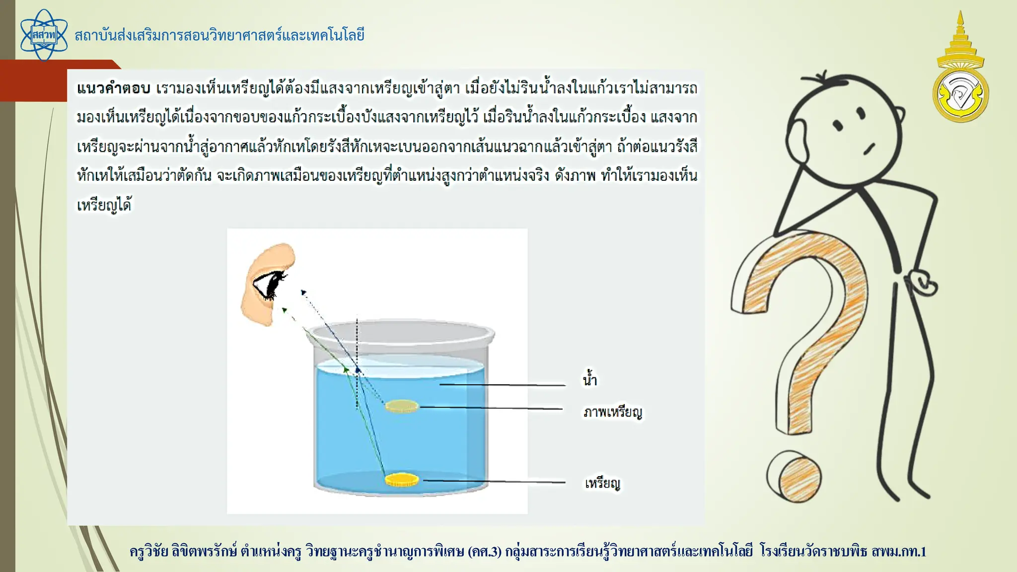 สถาบันส่งเสริมการสอนวิทยาศาสตร์และเทคโนโลยี
ครูวิชัยลิขิตพรรักษ์ ตาแหน่งครู วิทยฐานะครูชานาญการพิเศษ(คศ.3)กลุ่มสาระการเรียนรู้วิทยาศาสตร์และเทคโนโลยี โรงเรียนวัดราชบพิธ สพม.กท.1
 