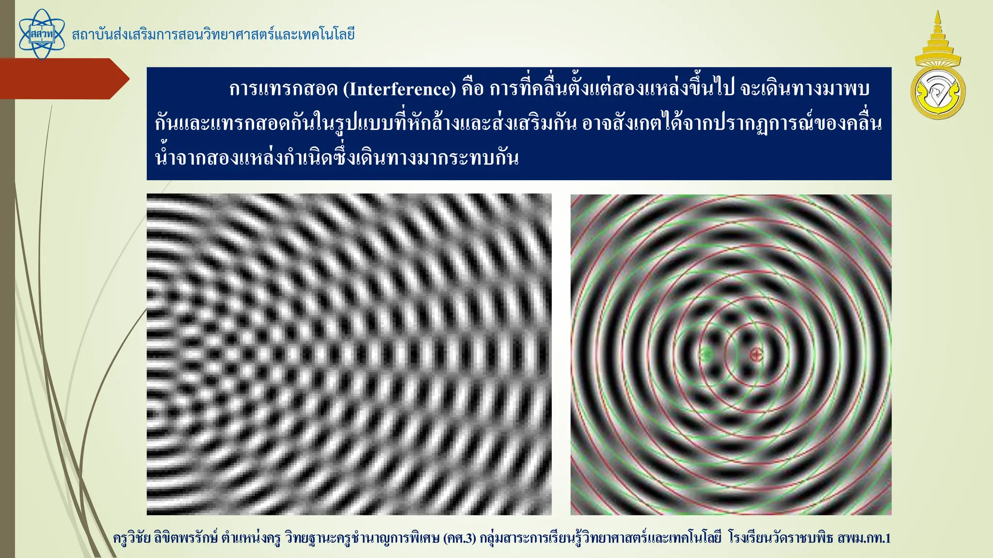 สถาบันส่งเสริมการสอนวิทยาศาสตร์และเทคโนโลยี
ครูวิชัยลิขิตพรรักษ์ ตาแหน่งครู วิทยฐานะครูชานาญการพิเศษ(คศ.3)กลุ่มสาระการเรียนรู้วิทยาศาสตร์และเทคโนโลยี โรงเรียนวัดราชบพิธ สพม.กท.1
การแทรกสอด (Interference) คือ การที่คลื่นตั้งแต่สองแหล่งขึ้นไป จะเดินทางมาพบ
กันและแทรกสอดกันในรูปแบบที่หักล้างและส่งเสริมกันอาจสังเกตได้จากปรากฏการณ์ของคลื่น
น้าจากสองแหล่งกาเนิดซึ่งเดินทางมากระทบกัน
 