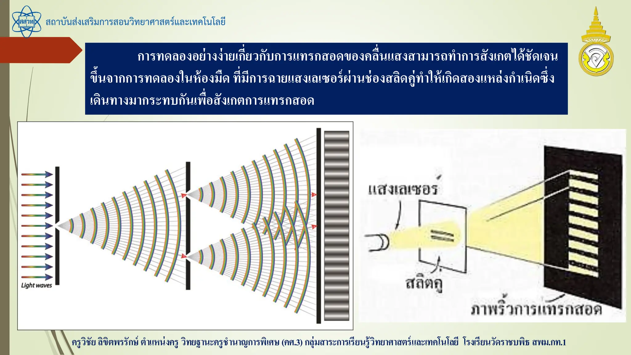 สถาบันส่งเสริมการสอนวิทยาศาสตร์และเทคโนโลยี
ครูวิชัยลิขิตพรรักษ์ ตาแหน่งครู วิทยฐานะครูชานาญการพิเศษ(คศ.3)กลุ่มสาระการเรียนรู้วิทยาศาสตร์และเทคโนโลยี โรงเรียนวัดราชบพิธ สพม.กท.1
การทดลองอย่างง่ายเกี่ยวกับการแทรกสอดของคลื่นแสงสามารถทาการสังเกตได้ชัดเจน
ขึ้นจากการทดลองในห้องมืด ที่มีการฉายแสงเลเซอร์ผ่านช่องสลิดคู่ทาให้เกิดสองแหล่งกาเนิดซึ่ง
เดินทางมากระทบกันเพื่อสังเกตการแทรกสอด
 