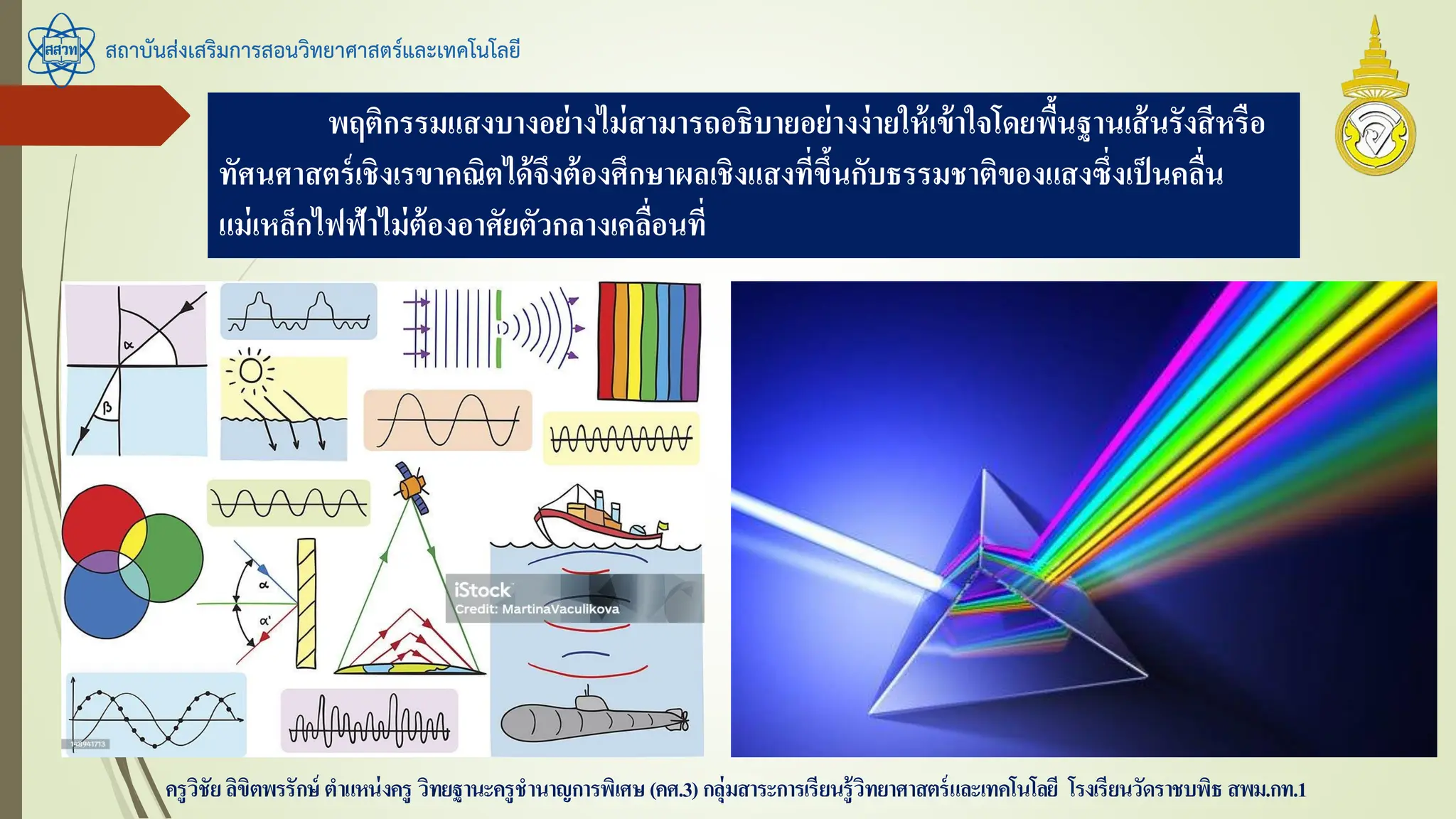 สถาบันส่งเสริมการสอนวิทยาศาสตร์และเทคโนโลยี
ครูวิชัยลิขิตพรรักษ์ ตาแหน่งครู วิทยฐานะครูชานาญการพิเศษ(คศ.3)กลุ่มสาระการเรียนรู้วิทยาศาสตร์และเทคโนโลยี โรงเรียนวัดราชบพิธ สพม.กท.1
พฤติกรรมแสงบางอย่างไม่สามารถอธิบายอย่างง่ายให้เข้าใจโดยพื้นฐานเส้นรังสีหรือ
ทัศนศาสตร์เชิงเรขาคณิตได้จึงต้องศึกษาผลเชิงแสงที่ขึ้นกับธรรมชาติของแสงซึ่งเป็นคลื่น
แม่เหล็กไฟฟ้าไม่ต้องอาศัยตัวกลางเคลื่อนที่
 