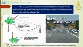 สถาบันส่งเสริมการสอนวิทยาศาสตร์และเทคโนโลยี
ครูวิชัยลิขิตพรรักษ์ ตาแหน่งครู วิทยฐานะครูชานาญการพิเศษ(คศ.3)กลุ่มสาระการเรียนรู้วิทยาศาสตร์และเทคโนโลยี โรงเรียนวัดราชบพิธ สพม.กท.1
มิราจ (mirage) ภาพลวงตาเกิดการหักเหแสงเพราะชั้นอากาศมีอุณหภูมิต่างกัน แล้ว
สะท้อนกลับหมด เช่น เห็นต้นไม้กลับหัว เห็นน้าหรือน้ามันนองพื้นถนนวันร้อนจัด เห็นภาพบิด
เบี้ยวเพราะไอความร้อนขยายตัวลอยสูงขึ้น
 
