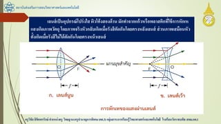 สถาบันส่งเสริมการสอนวิทยาศาสตร์และเทคโนโลยี
ครูวิชัยลิขิตพรรักษ์ ตาแหน่งครู วิทยฐานะครูชานาญการพิเศษ(คศ.3)กลุ่มสาระการเรียนรู้วิทยาศาสตร์และเทคโนโลยี โรงเรียนวัดราชบพิธ สพม.กท.1
เลนส์เป็นอุปกรณ์โปร่งใส ผิวโค้งสองด้าน มักทาจากแก้วหรือพลาสติกที่ใช้การหักเห
แสงเกิดภาพวัตถุ โดยภาพจริงหัวกลับเกิดเมื่อรังสีตัดกันโดยตรงหลังเลนส์ ส่วนภาพเสมือนหัว
ตั้งเกิดเมื่อรังสีไม่ได้ตัดกันโดยตรงหน้าเลนส์
 