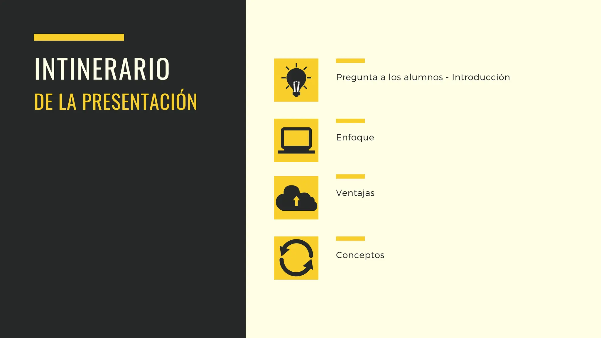 INTINERARIO
DE LA PRESENTACIÓN
Pregunta a los alumnos - Introducción
Enfoque
Ventajas
Conceptos
 