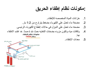 ‫الحريق‬ ‫إطفاء‬ ‫نظام‬ ‫مكونات‬:
.1
.‫لإلطفاء‬ ‫المخصصه‬ ‫المياة‬ ‫خزانات‬
.2
‫من‬ ‫يتراوح‬ ‫بضغط‬ ‫الكهرباء‬ ‫علي‬ ‫تعمل‬ ‫ماء‬ ‫مضخة‬
1:2
.‫بار‬
.3
.‫الرئيسي‬ ‫الكهرباء‬ ‫إنقطاع‬ ‫حاالت‬ ‫في‬ ‫الديزل‬ ‫علي‬ ‫تعمل‬ ‫ماء‬ ‫مضخه‬
.4
‫اإلطفاء‬ ‫خراطيم‬ ‫توصيل‬ ‫يتم‬ ‫حيث‬ ‫التغذيه‬ ‫بضخات‬ ‫مزوده‬ ‫وتكون‬ ‫مياه‬ ‫وقافات‬
.‫بها‬
.5
.‫اإلطفاء‬ ‫معدات‬
 