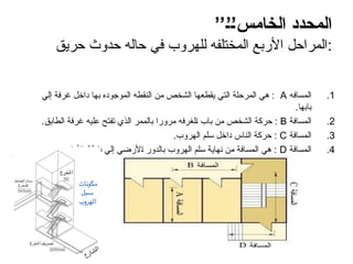 ’’6’6’‫الخامس‬ ‫المحدد‬
‫حريق‬ ‫حدوث‬ ‫حاله‬ ‫في‬ ‫للهروب‬ ‫المختلفه‬ ‫األربع‬ ‫المراحل‬:
.1
‫المسافه‬
A
‫إلي‬ ‫غرفة‬ ‫داخل‬ ‫بها‬ ‫الموجوده‬ ‫النقطه‬ ‫من‬ ‫الشخص‬ ‫يقطعها‬ ‫التي‬ ‫المرحلة‬ ‫هي‬ :
.‫بابها‬
.2
‫المسافة‬
B
.‫الطابق‬ ‫غرفة‬ ‫عليه‬ ‫تفتح‬ ‫الذي‬ ‫بالممر‬ ‫مرورا‬ ‫الغرفه‬ ‫باب‬ ‫من‬ ‫الشخص‬ ‫حركة‬ :
.3
‫المسافة‬
C
.‫الهروب‬ ‫سلم‬ ‫داخل‬ ‫الناس‬ ‫حركة‬ :
.4
‫المسافة‬
D
.‫األمان‬ ‫نقطة‬ ‫إلي‬ ‫األرضي‬ ‫بالدور‬ ‫الهروب‬ ‫سلم‬ ‫نهاية‬ ‫من‬ ‫المسافة‬ ‫هي‬ :
 