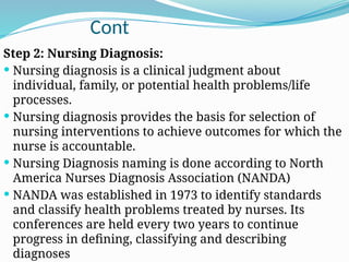 Cont
Step 2: Nursing Diagnosis:
 Nursing diagnosis is a clinical judgment about
individual, family, or potential health problems/life
processes.
 Nursing diagnosis provides the basis for selection of
nursing interventions to achieve outcomes for which the
nurse is accountable.
 Nursing Diagnosis naming is done according to North
America Nurses Diagnosis Association (NANDA)
 NANDA was established in 1973 to identify standards
and classify health problems treated by nurses. Its
conferences are held every two years to continue
progress in defining, classifying and describing
diagnoses
 