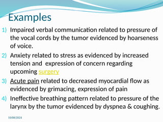10/08/2024
Examples
1) Impaired verbal communication related to pressure of
the vocal cords by the tumor evidenced by hoarseness
of voice.
2) Anxiety related to stress as evidenced by increased
tension and expression of concern regarding
upcoming surgery
3) Acute pain related to decreased myocardial flow as
evidenced by grimacing, expression of pain
4) Ineffective breathing pattern related to pressure of the
larynx by the tumor evidenced by dyspnea & coughing.
 