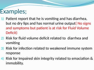 Examples;
1) Patient report that he is vomiting and has diarrhea,
but no dry lips and has normal urine output( No signs
and symptoms but patient is at risk for Fluid Volume
Deficit)
2) Risk for fluid volume deficit related to diarrhea and
vomiting
3) Risk for infection related to weakened immune system
response
4) Risk for Impaired skin integrity related to emaciation &
immobility.
 