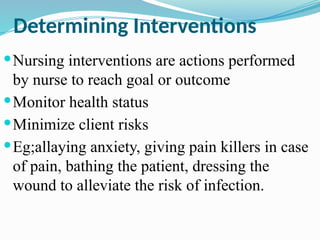 Determining Interventions
Nursing interventions are actions performed
by nurse to reach goal or outcome
Monitor health status
Minimize client risks
Eg;allaying anxiety, giving pain killers in case
of pain, bathing the patient, dressing the
wound to alleviate the risk of infection.
 