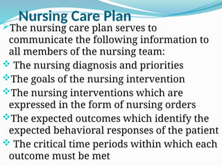 Nursing Care Plan
The nursing care plan serves to
communicate the following information to
all members of the nursing team:
 The nursing diagnosis and priorities
The goals of the nursing intervention
The nursing interventions which are
expressed in the form of nursing orders
The expected outcomes which identify the
expected behavioral responses of the patient
 The critical time periods within which each
outcome must be met
 