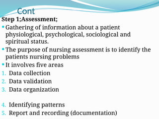 Cont
Step 1;Assessment;
Gathering of information about a patient
physiological, psychological, sociological and
spiritual status.
The purpose of nursing assessment is to identify the
patients nursing problems
It involves five areas
1. Data collection
2. Data validation
3. Data organization
4. Identifying patterns
5. Report and recording (documentation)
 