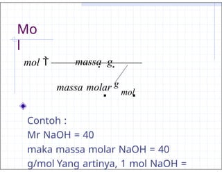 Mo
l
massa  g 
massa molar g
mol 
Contoh :
Mr NaOH = 40
maka massa molar NaOH = 40
g/mol Yang artinya, 1 mol NaOH =
mol 
 