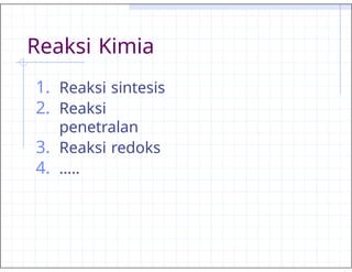 Reaksi Kimia
1. Reaksi sintesis
2. Reaksi
penetralan
3. Reaksi redoks
4. …..
 