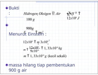 Bukti
: c
Hidrogen Oksigen  Air
100 g
900g
Menurut Einstein :
H 

12x106
J
9x1016
E  mc2
12x106
 m 3x108

2
m 
12x106
 1, 33x1010
kg
m  1, 33x1010
g (kecil sekali)
massa hilang tiap pembentukan
900 g air
 