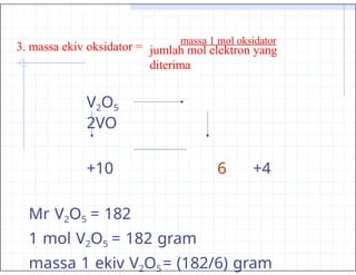 V2O5
2VO
+10 6 +4
Mr V2O5 = 182
1 mol V2O5 = 182 gram
massa 1 ekiv V2O5= (182/6) gram
3. massa ekiv oksidator =
massa 1 mol oksidator
jumlah mol elektron yang
diterima
 