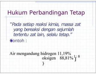 Hukum Perbandingan Tetap
“Pada setiap reaksi kimia, massa zat
yang bereaksi dengan sejumlah
tertentu zat lain, selalu tetap.”
Contoh :
Air mengandung hidrogen 11,19%
1: 8
oksigen 88,81%
}
J
 