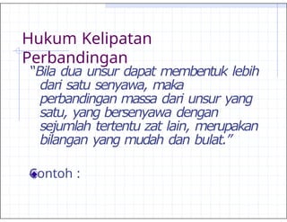 Hukum Kelipatan
Perbandingan
“Bila dua unsur dapat membentuk lebih
dari satu senyawa, maka
perbandingan massa dari unsur yang
satu, yang bersenyawa dengan
sejumlah tertentu zat lain, merupakan
bilangan yang mudah dan bulat.”
Contoh :
 