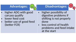 Advantages: Disadvantages:
• higher ADG with good
carcass qualify
• lower feed cost
• better use of good feed
(better FCR)
• higher possibility of
digestive problems if
shifting is not properly
done
• less control of health
problems and feed intake
at the start
 