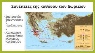 Συνέπειες της καθόδου των Δωριέων
• Δημιουργία
δημογραφικο
ύ
προβλήματο
ς
• Αλυσιδωτές
μετακινήσεις
ελληνικών
πληθυσμών
 