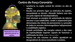Centro de Força Coronário
• Localiza-se na região central do cérebro no alto da
cabeça.
• Recebe em primeiro lugar os estímulos do espírito,
comandando os demais, vibrando todavia com eles
em justo regime de interdependência.
• Dele emanam as energias de sustentação do sistema
nervoso e suas subdivisões, sendo o responsável pela
alimentação das células do pensamento e o provedor
de todos os recursos eletromagnéticos indispensáveis
à estabilidade orgânica.
• Grande assimilador das energias solares e dos raios
da Espiritualidade Superior capazes de favorecer a
sublimação da alma. (Entre a Terra e o Céu)
• Plasma em nós mesmos os efeitos agradáveis ou
desagradáveis de nossa consciência e conduta.
Relaciona-se com a
glândula pineal ou
epífise
 