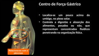 • Localiza-se um pouco acima do
umbigo, no plexo solar.
• Controla a digestão e absorção dos
alimentos, pesados ou não, que
representam concentrados fluídicos
penetrando na organização física.
Relaciona-se com o
pâncreas
Centro de Força Gástrico
 
