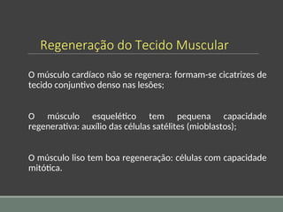 Regeneração do Tecido Muscular
O músculo cardíaco não se regenera: formam-se cicatrizes de
tecido conjuntivo denso nas lesões;
O músculo esquelético tem pequena capacidade
regenerativa: auxílio das células satélites (mioblastos);
O músculo liso tem boa regeneração: células com capacidade
mitótica.
 