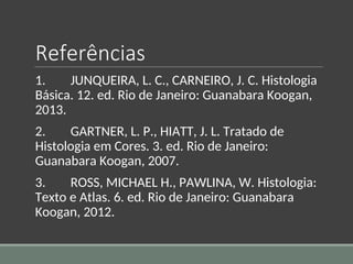Referências
1. JUNQUEIRA, L. C., CARNEIRO, J. C. Histologia
Básica. 12. ed. Rio de Janeiro: Guanabara Koogan,
2013.
2. GARTNER, L. P., HIATT, J. L. Tratado de
Histologia em Cores. 3. ed. Rio de Janeiro:
Guanabara Koogan, 2007.
3. ROSS, MICHAEL H., PAWLINA, W. Histologia:
Texto e Atlas. 6. ed. Rio de Janeiro: Guanabara
Koogan, 2012.
 